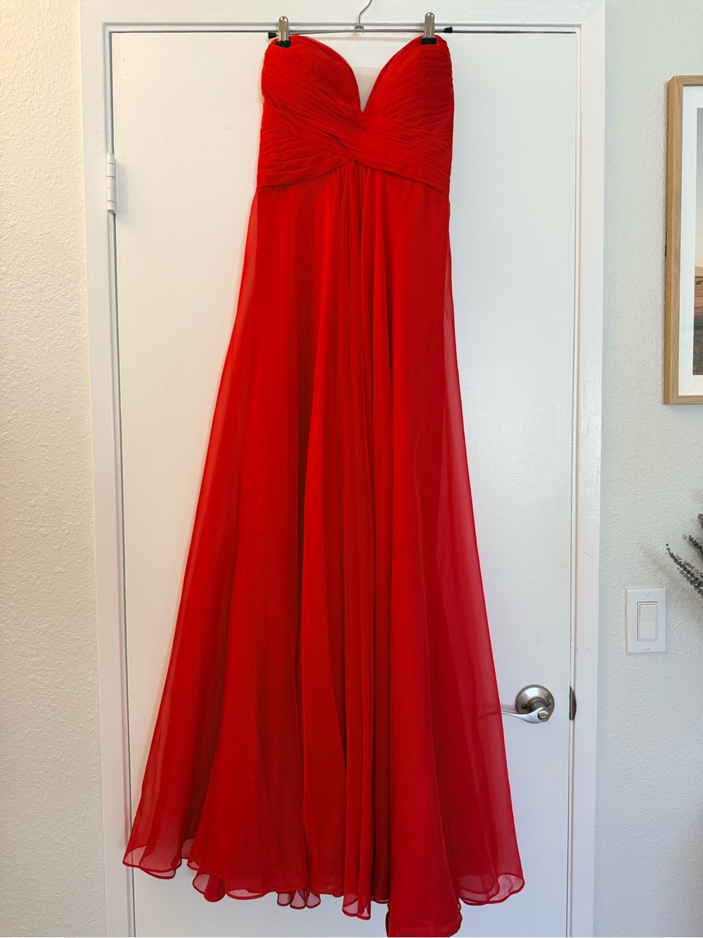 La Femme Strapless Red Chiffon Evening Gown